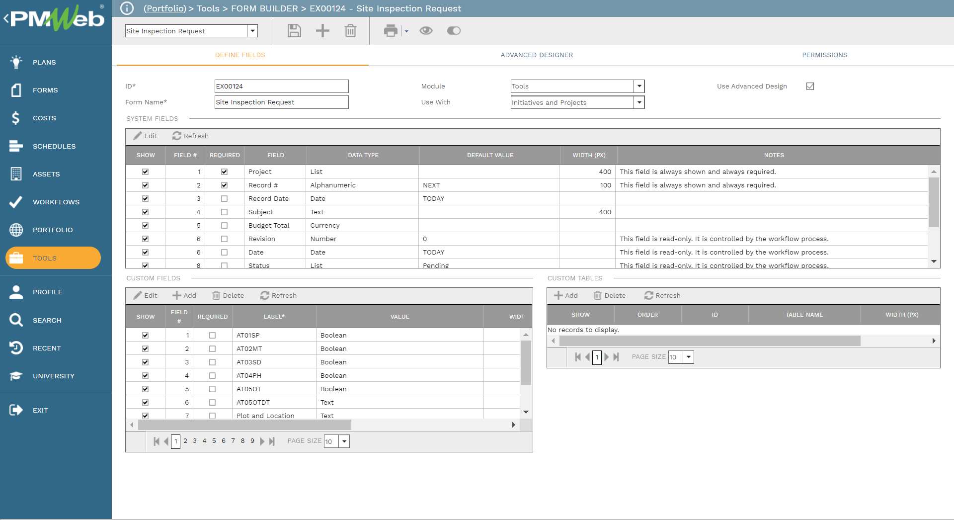 PMWeb 7 Tools Form Builder EX00124 Site Inspection Request 
Define Fields 