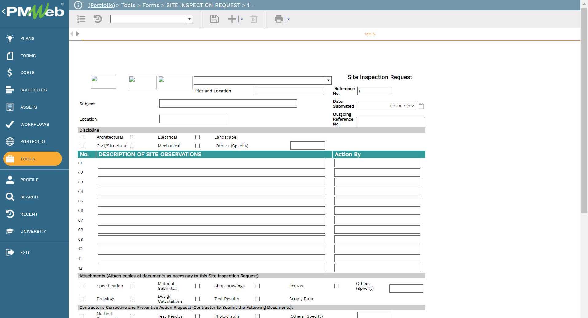 PMWeb 7 Tools Form Builder EX00124 Site Inspection Request 1 
Main