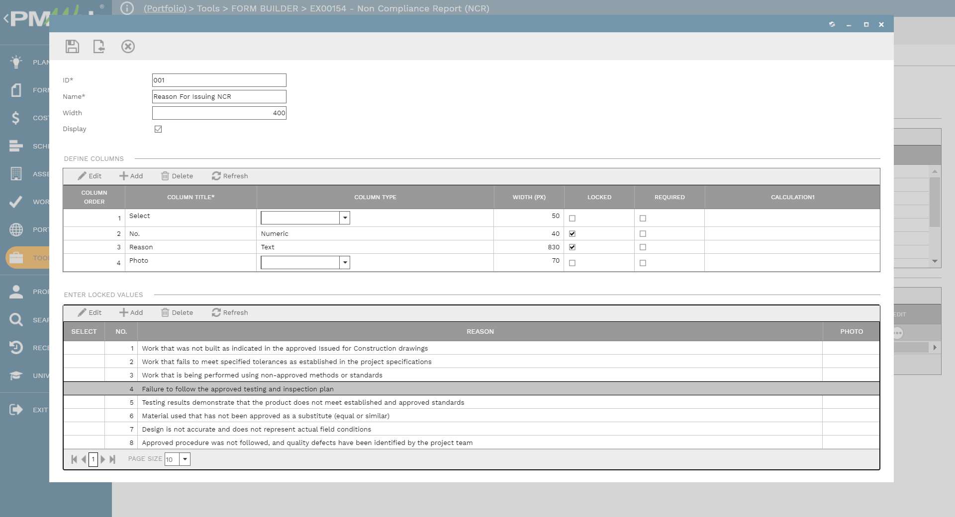 PMWeb 7 Tools Form Builder EX00124 Non Compliance report (NCR)