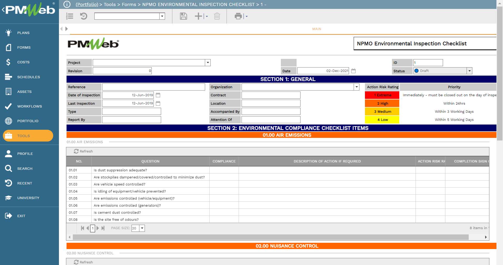 PMWeb 7 Tools Forms NPMO Environmental Inspection Checklist 1
Main