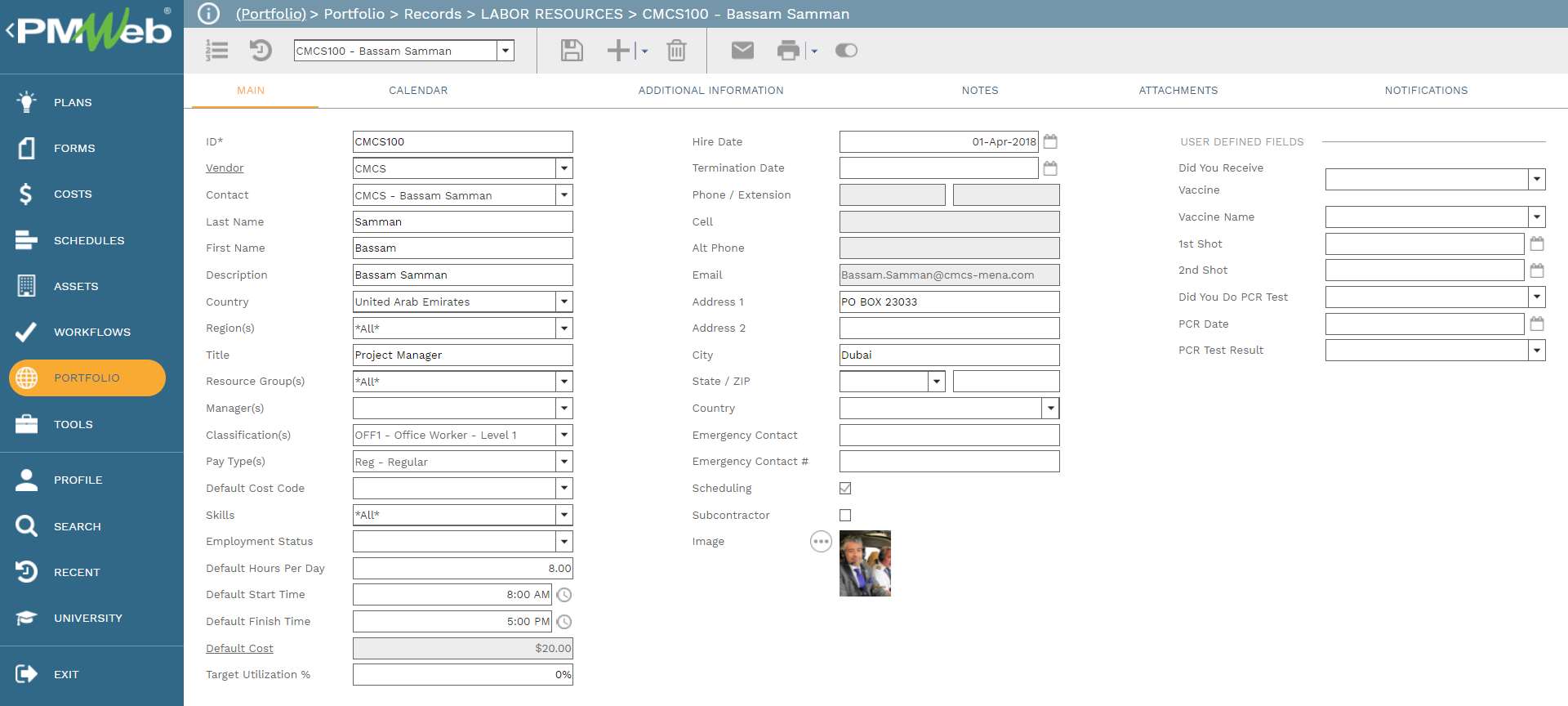 PMWeb 7 Portfolio Records Labor Resources CMCS100 - Bassam Samman 
Main