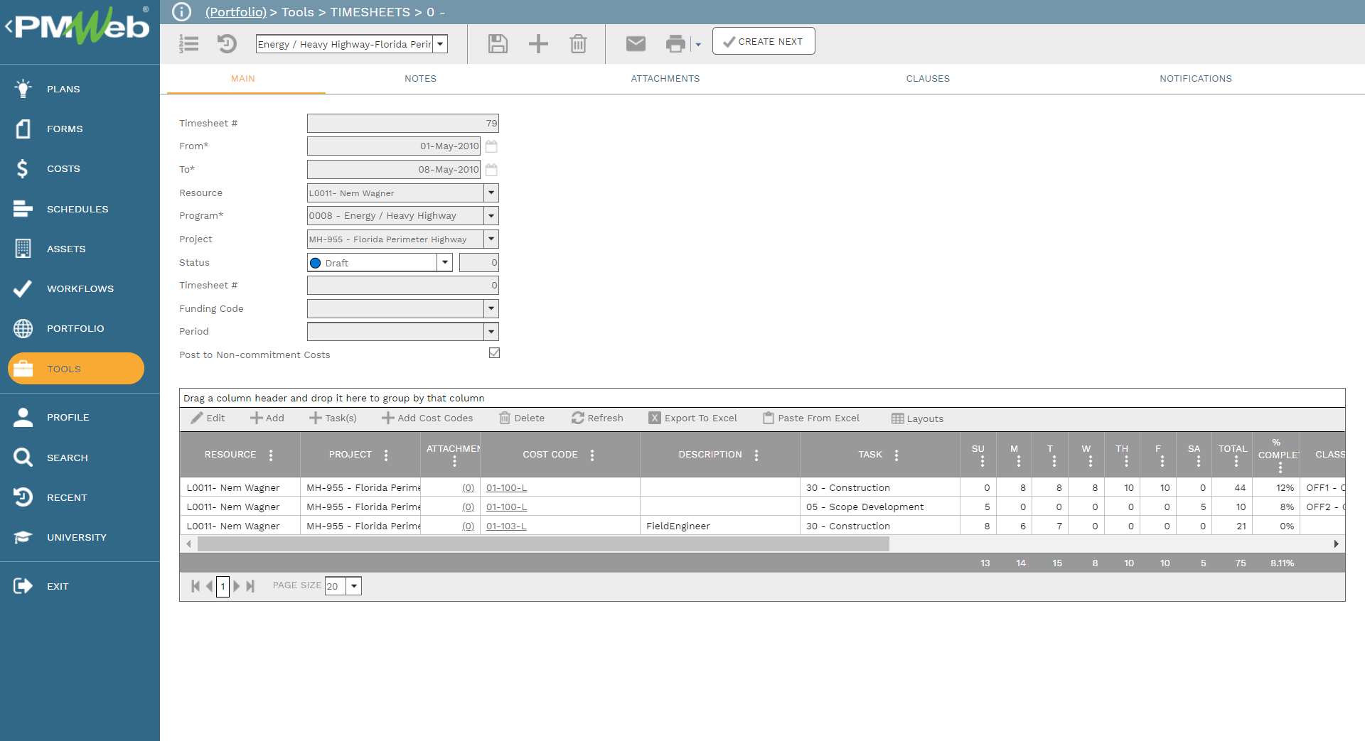 PMWeb 7 Tools Timesheets 0 
Main