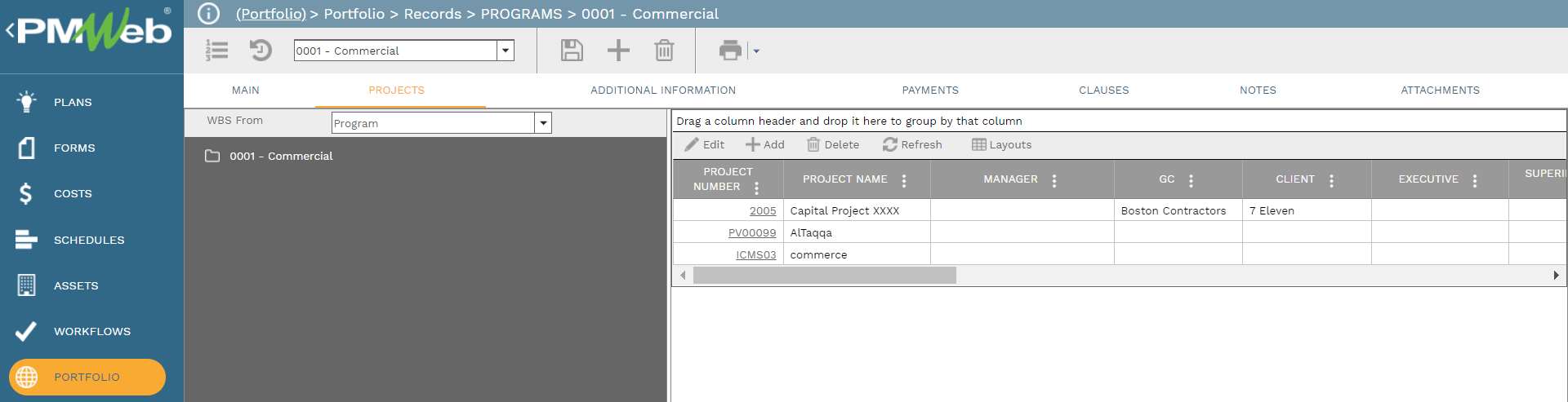 PMWeb 7 Portfolio Records Programs 0001 Commercial 
Projects 