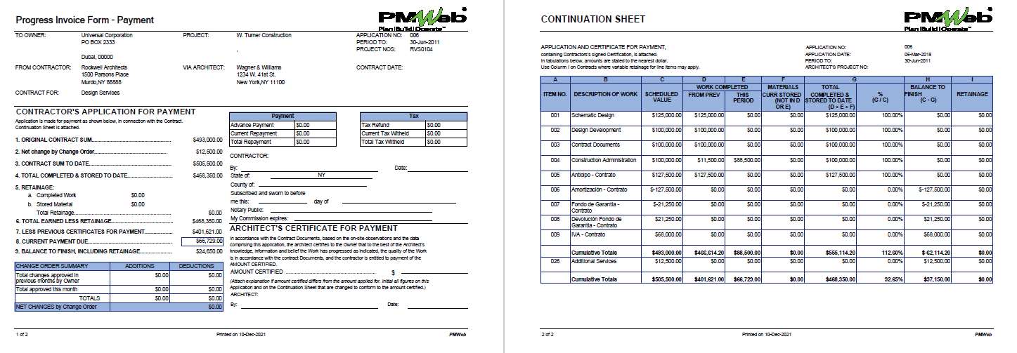 PMWeb 7 Progress Invoice From Payment
Continuation Sheet 