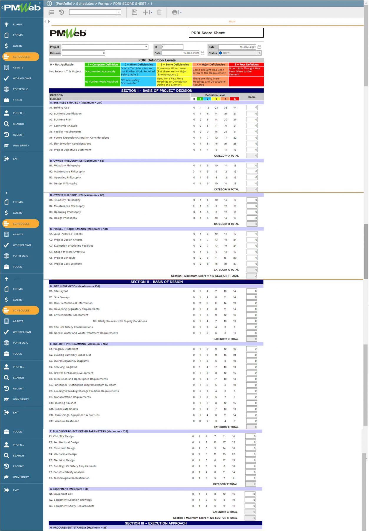 Pmweb 7 Schedules Forms PDRI Score Sheet
Main