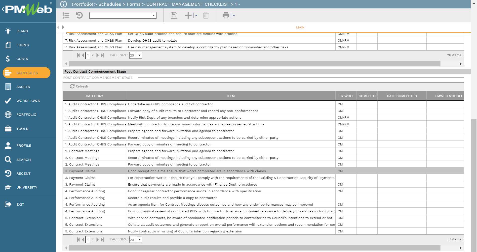 PMWeb 7 Schedules Forms Contact Management Checklist 1 
Main