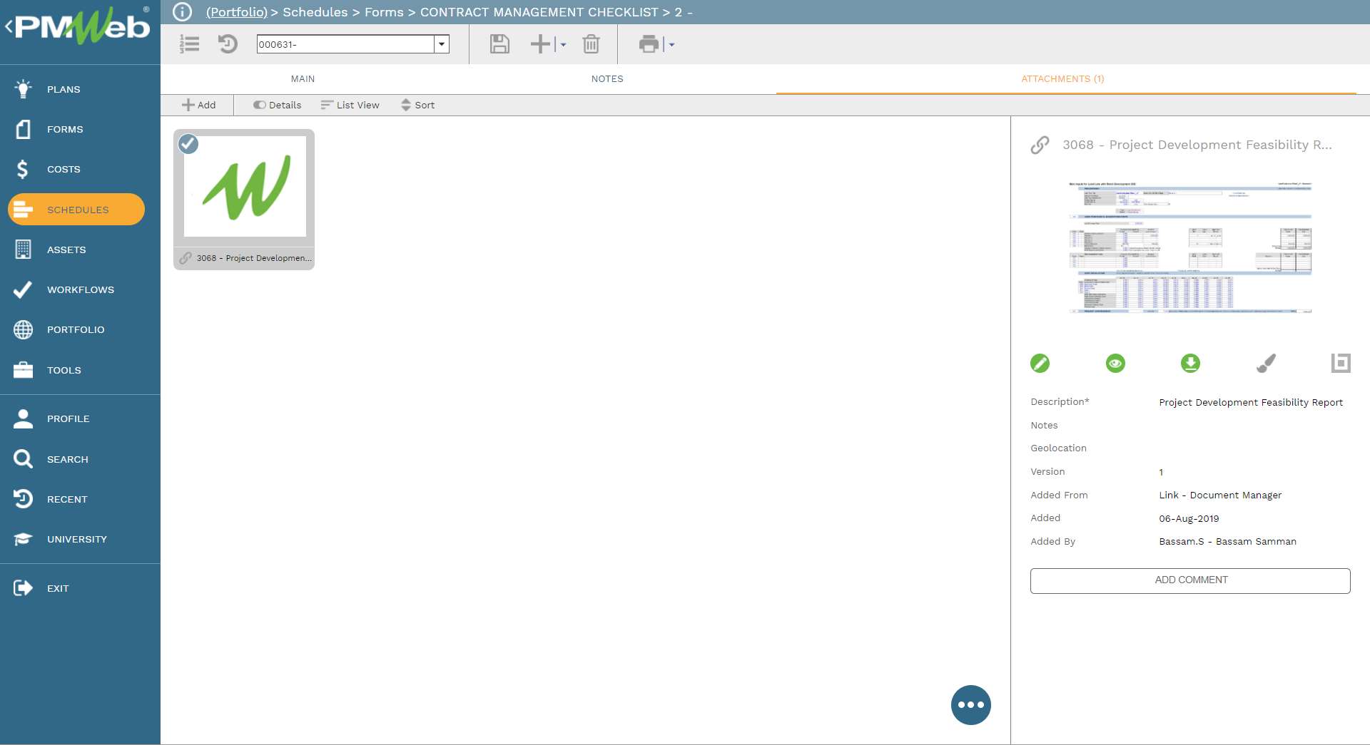 PMWeb 7 Schedules Forms Contact Management Checklist 1 
Attachment 