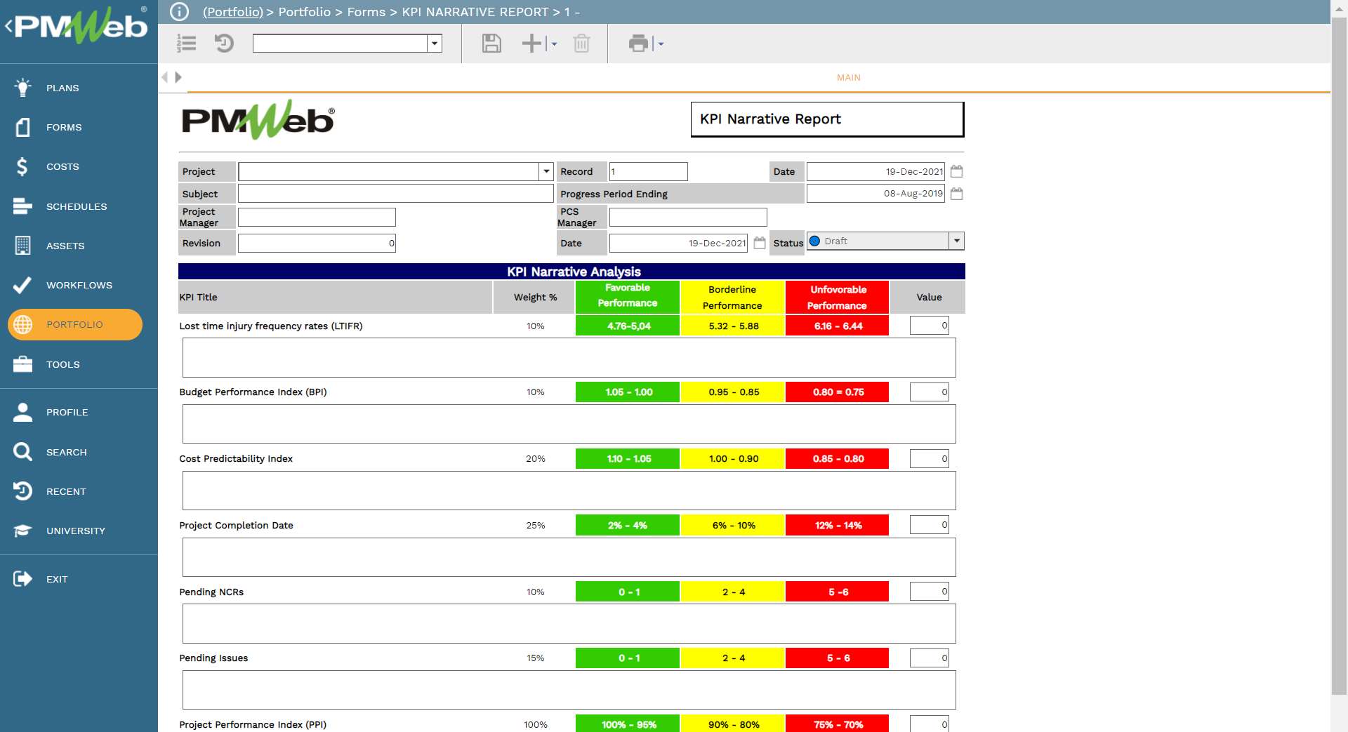 PMWeb 7 Portfolio Forms KPI Narrative Report 1 
Main