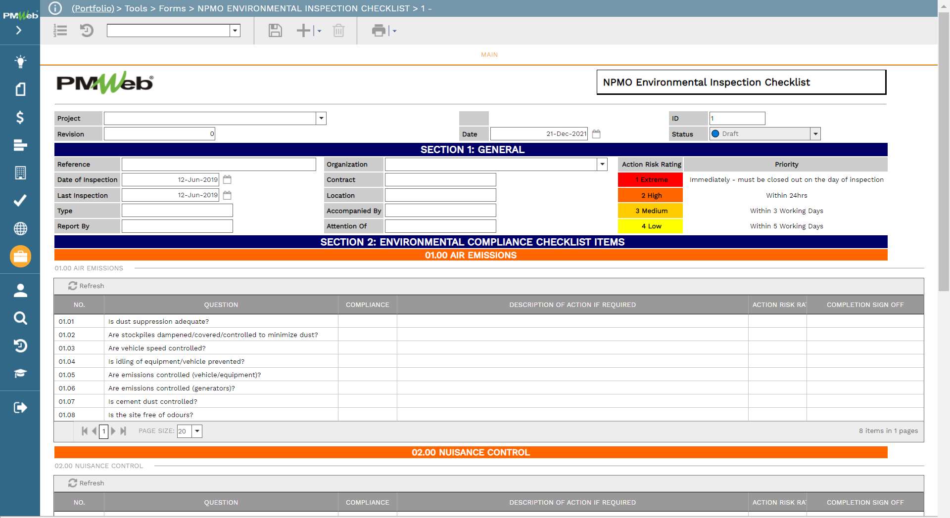 PMWeb 7 Tools Forms NPMO Environmental Inspection Checklist 1 
Main