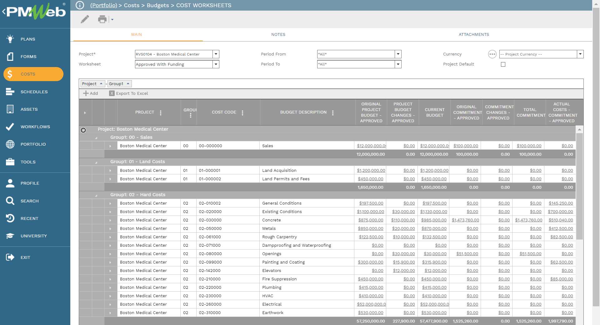 PMWeb 7 Costs Budgets Cost Worksheets 
Main