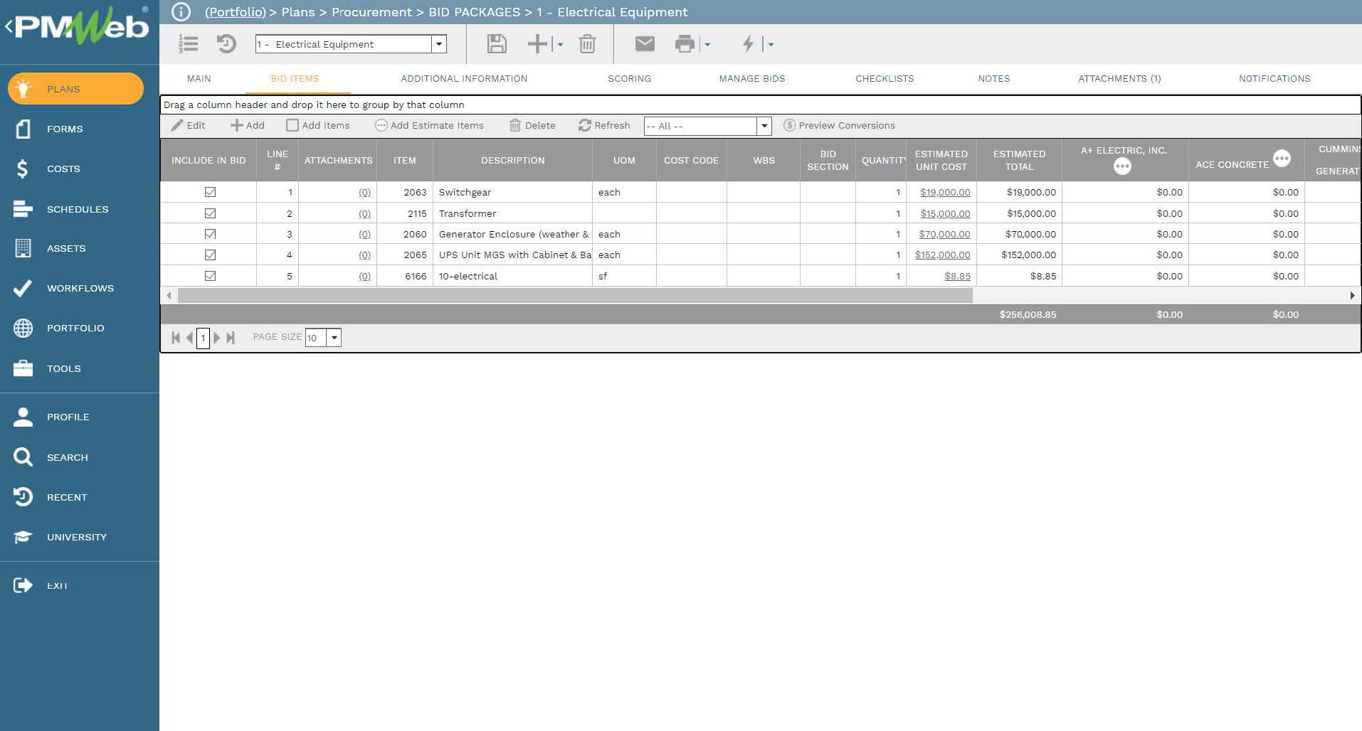 PMWeb 7 Plans Procurement Bid Packages 1 Electrical Equipment
Bid Items 