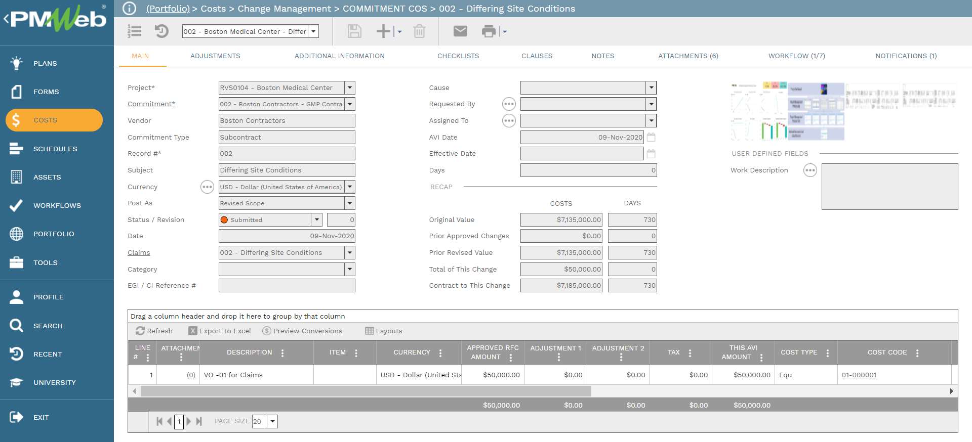 PMWeb 7 Costs Change Managment Commitment COS 002 Differing Site Conditions 
Main