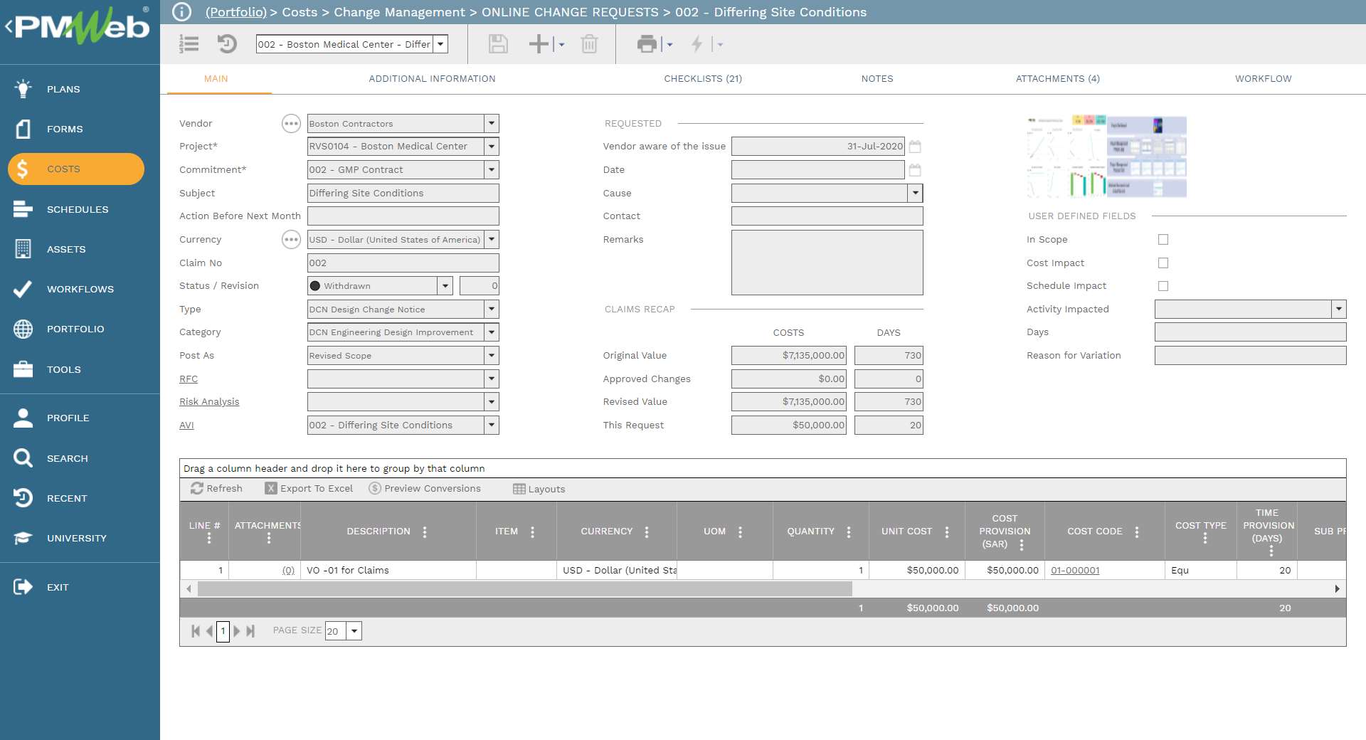 PMWeb 7 Costs Change Managment Online change Requests 002 Differing Site Conditions 
Main