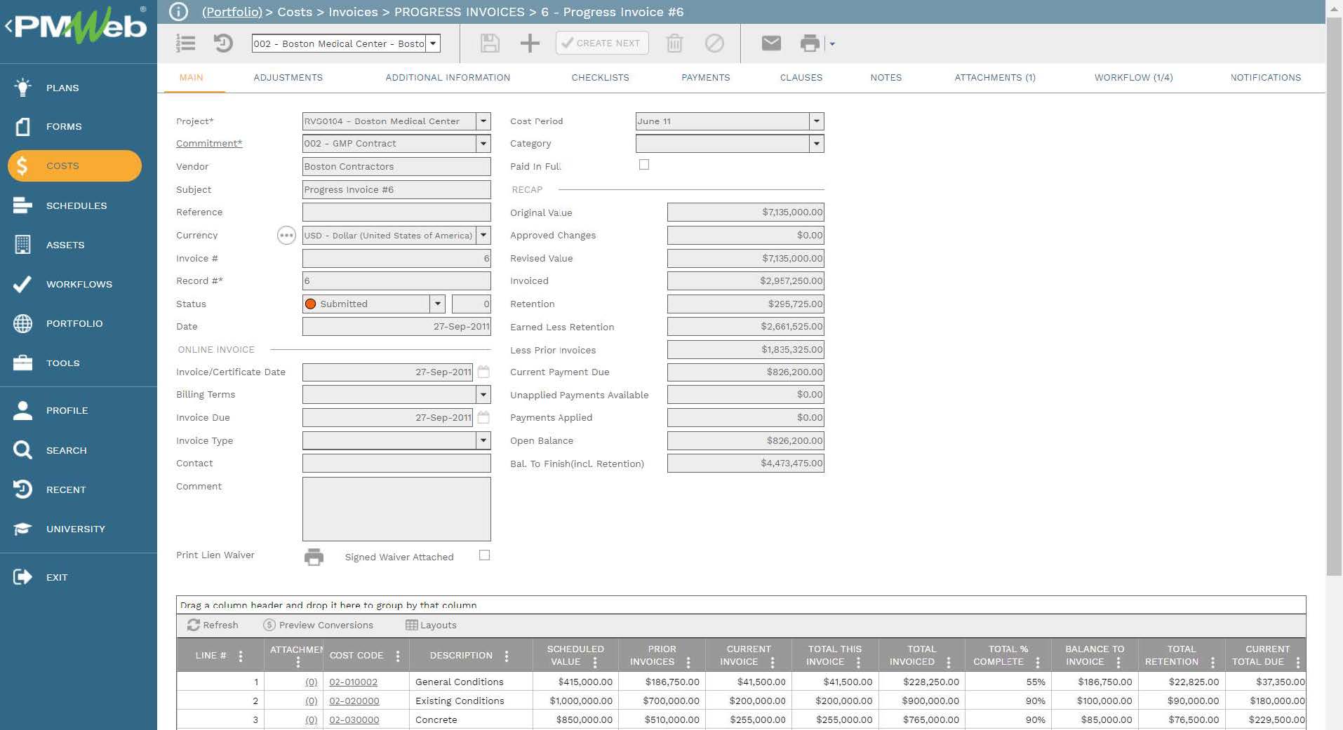 PMWeb7 Costs Invoices Progress Invoices 6 Progress Invoices #6 
Main