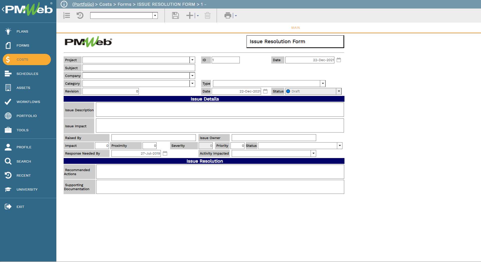 PMWeb 7 Costs Forms Issues Resolution Form 1 
Main