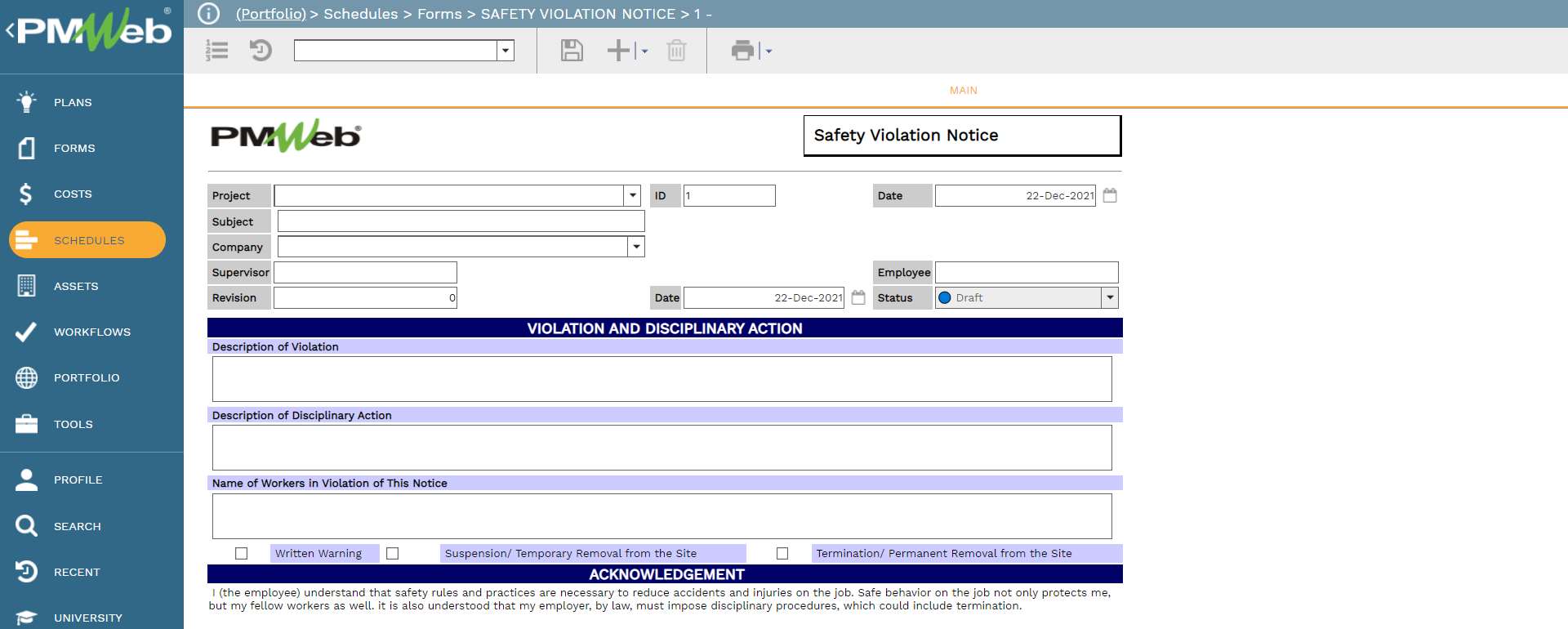 PMWeb7 Schedules Forms Safety Violation Notice 1
Main