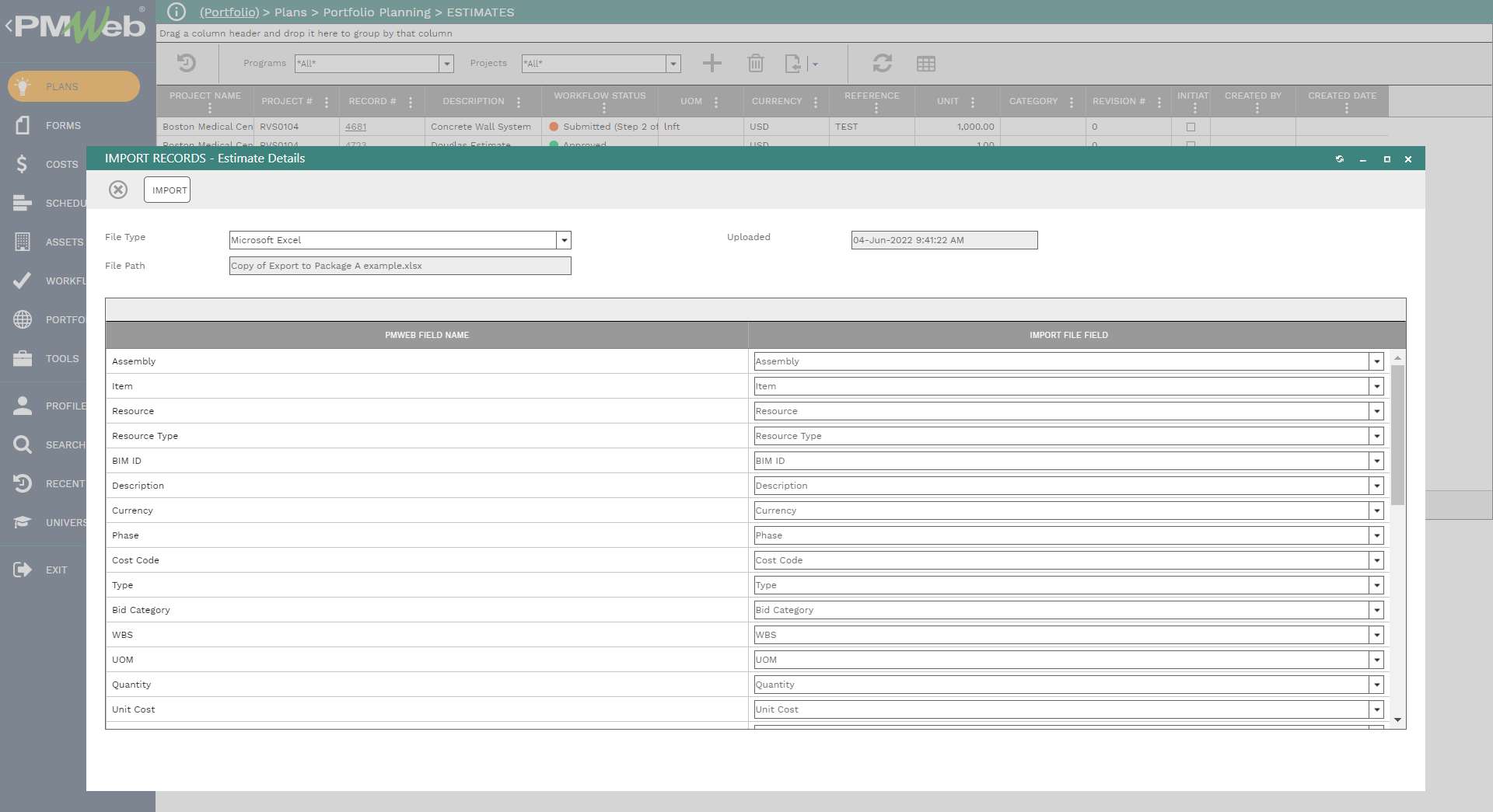 PMWeb 7 Plans Portfolio Planing Estimates 
Inport Records - Estimate Details