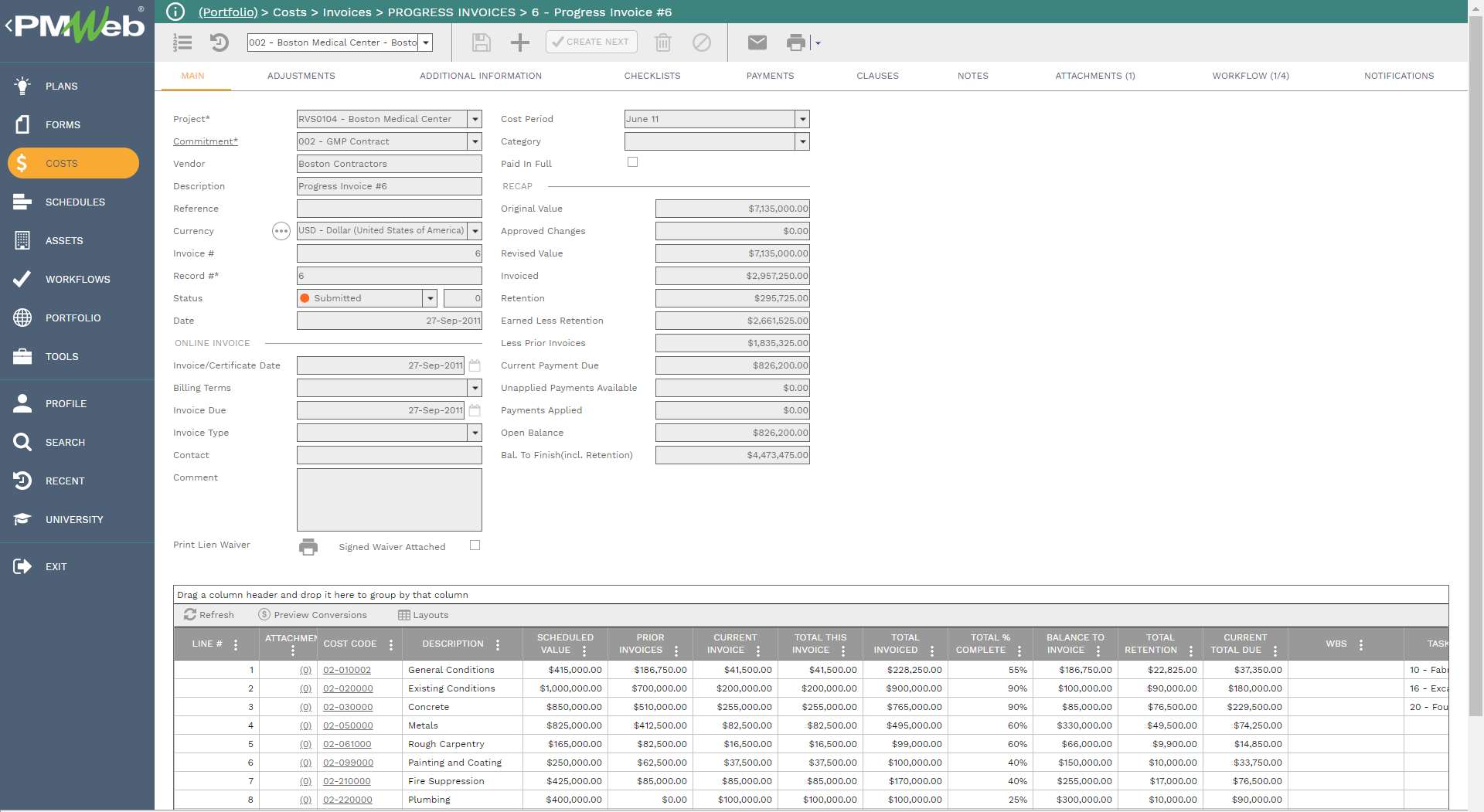 PMWeb 7 Costs Invoices Progress Invoices 6 - Progress Invoices 6 
Main