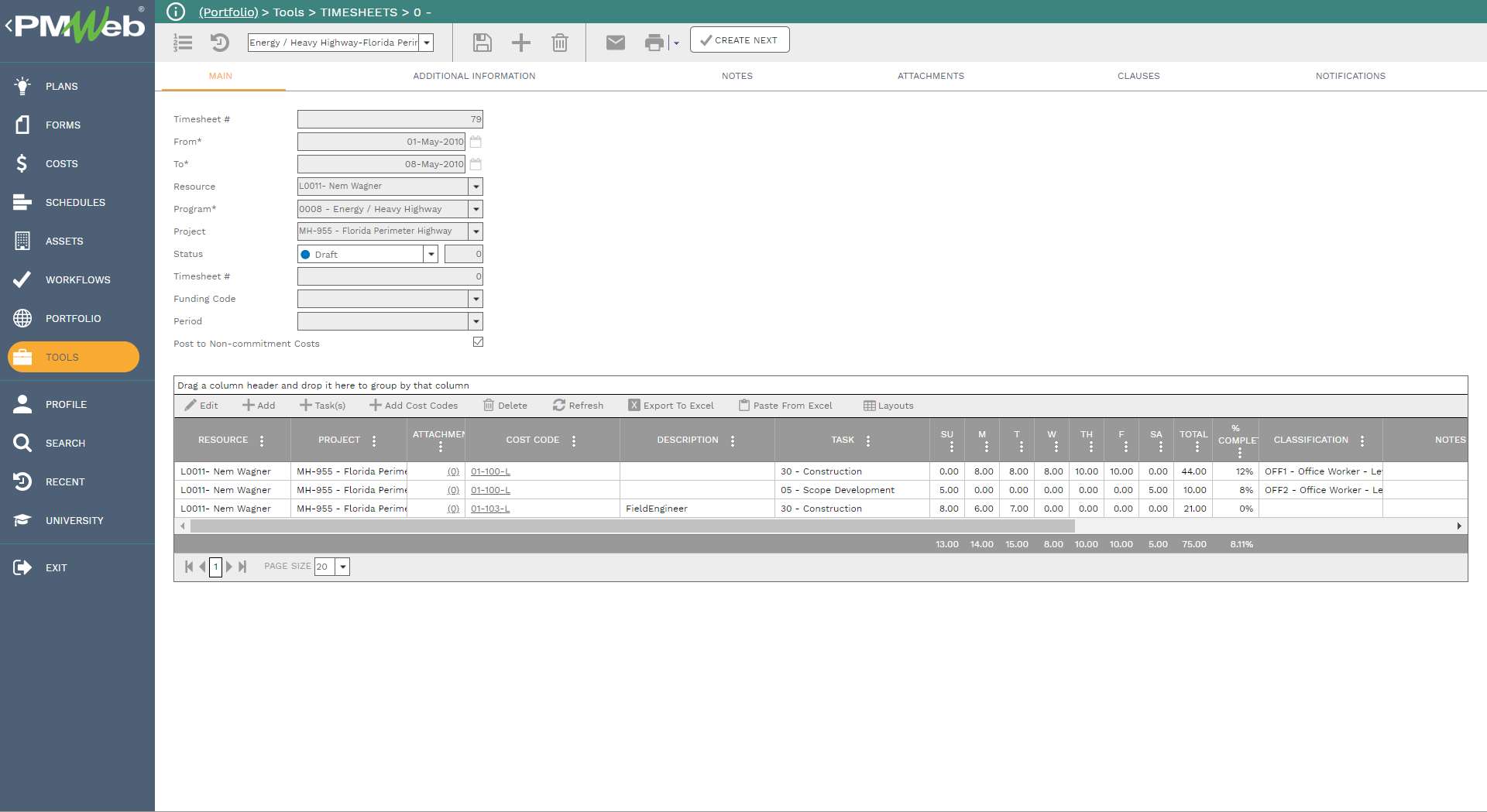 PMWeb 7 Tools Timesheets 0
Main