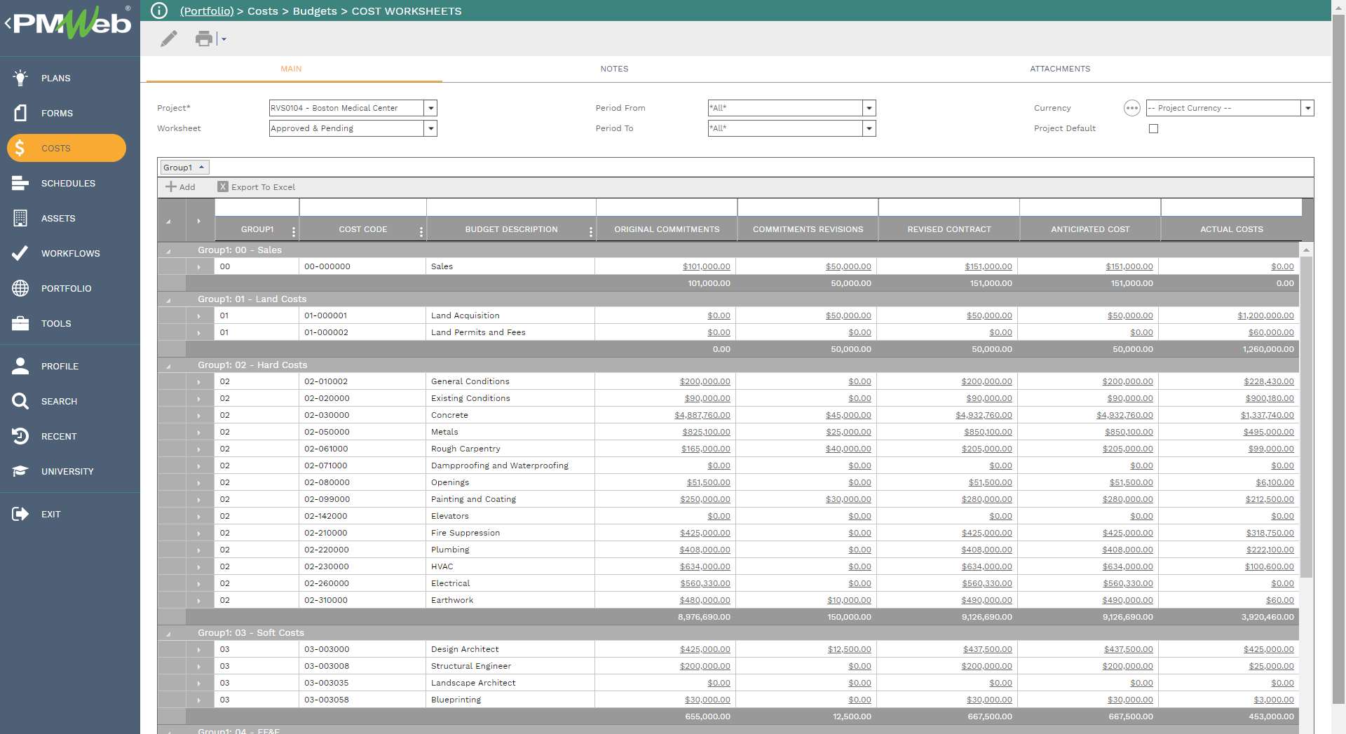 PMWeb 7 Costs Budgets Cost Worksheets 
Main 