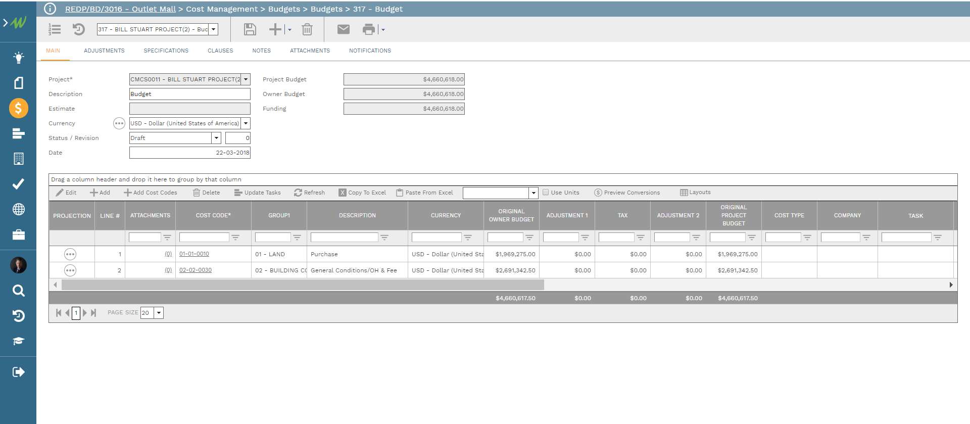 PMWeb 7 Outlet Mall Cost Managment Budgets 317 Budget 
Main 