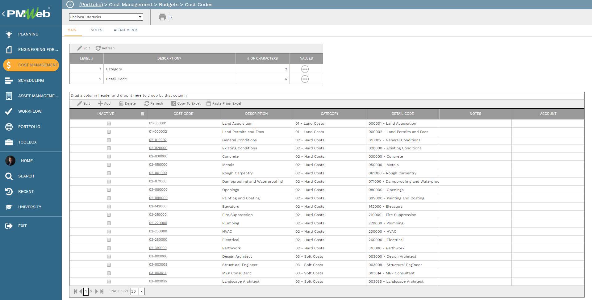 PMWeb 7 Cost Management Budgets Cost Codes 
Main