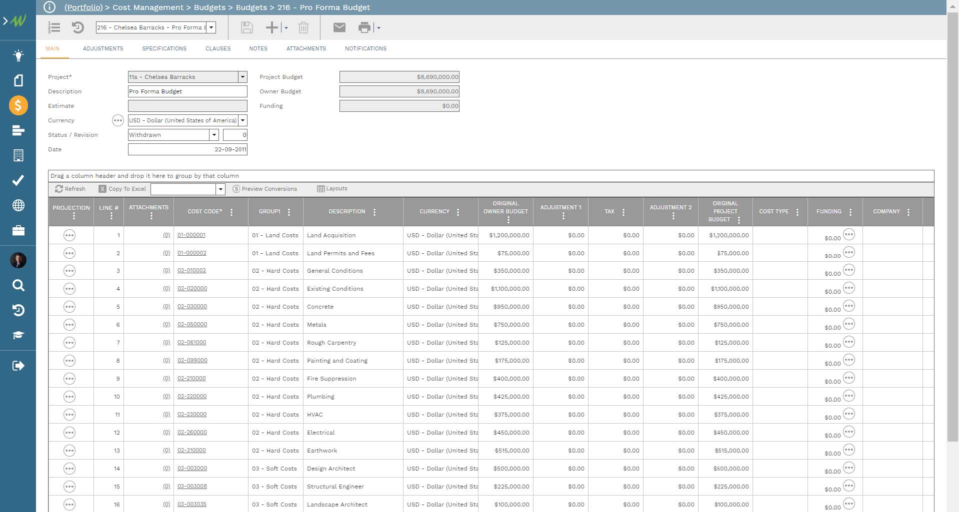 PMWeb 7 Cost Management Budgets Budgets 216 Pro Forms Budget
Main