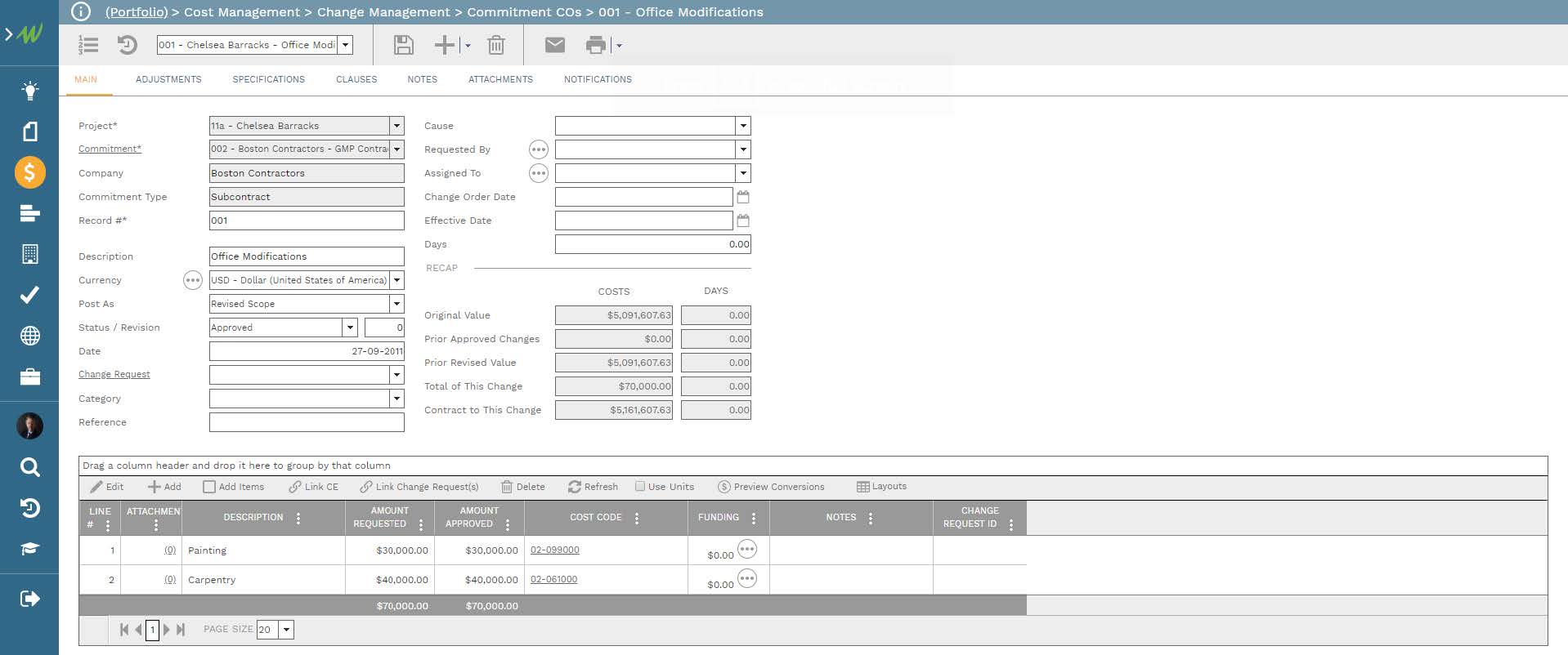 PMWeb 7 Cost Management Change Management Commitments COs 001 Office Modifications 
Main