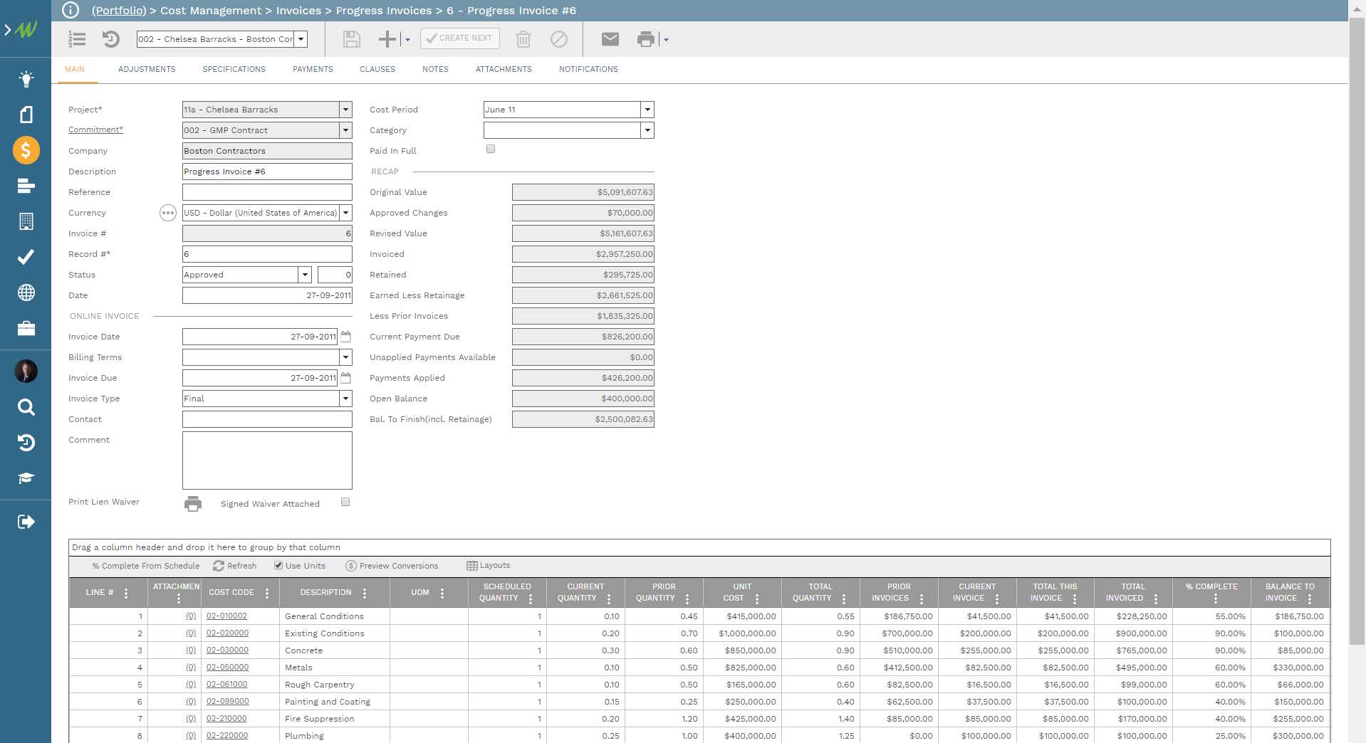 PMWeb 7 Cost Management Invoices Progress Invoices 6 
Main