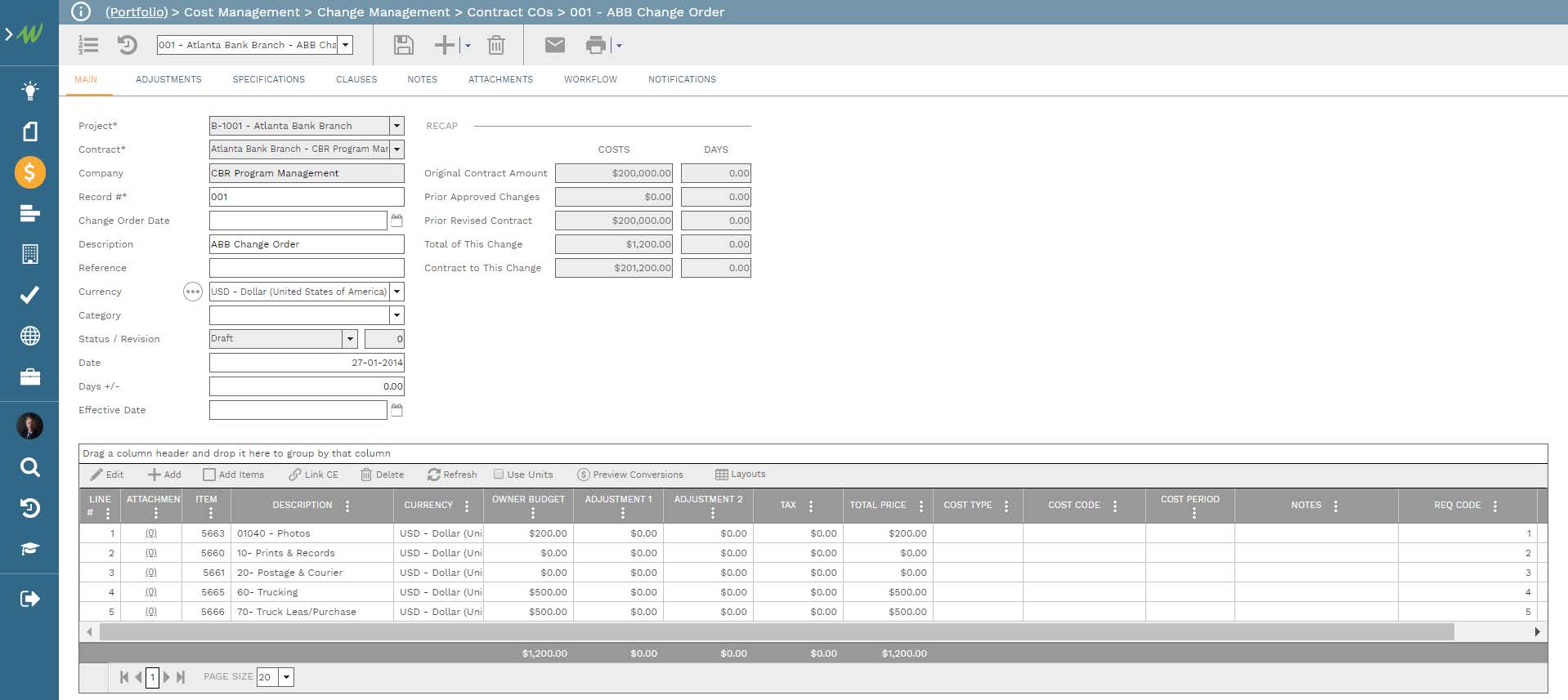 PMWeb 7 Costs Managment Change Management Contract COs 001 ABB Change Order
Main