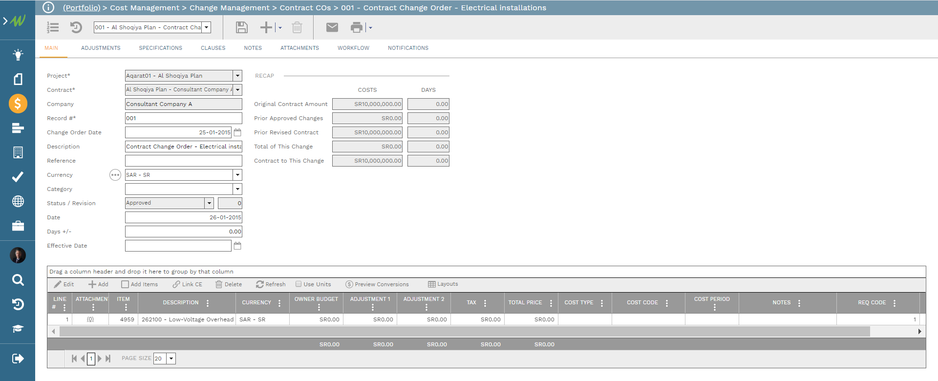 PMWeb 7 Cost Management Contracts COs 001 Contract Change Order - Electrical Installation 
Main
