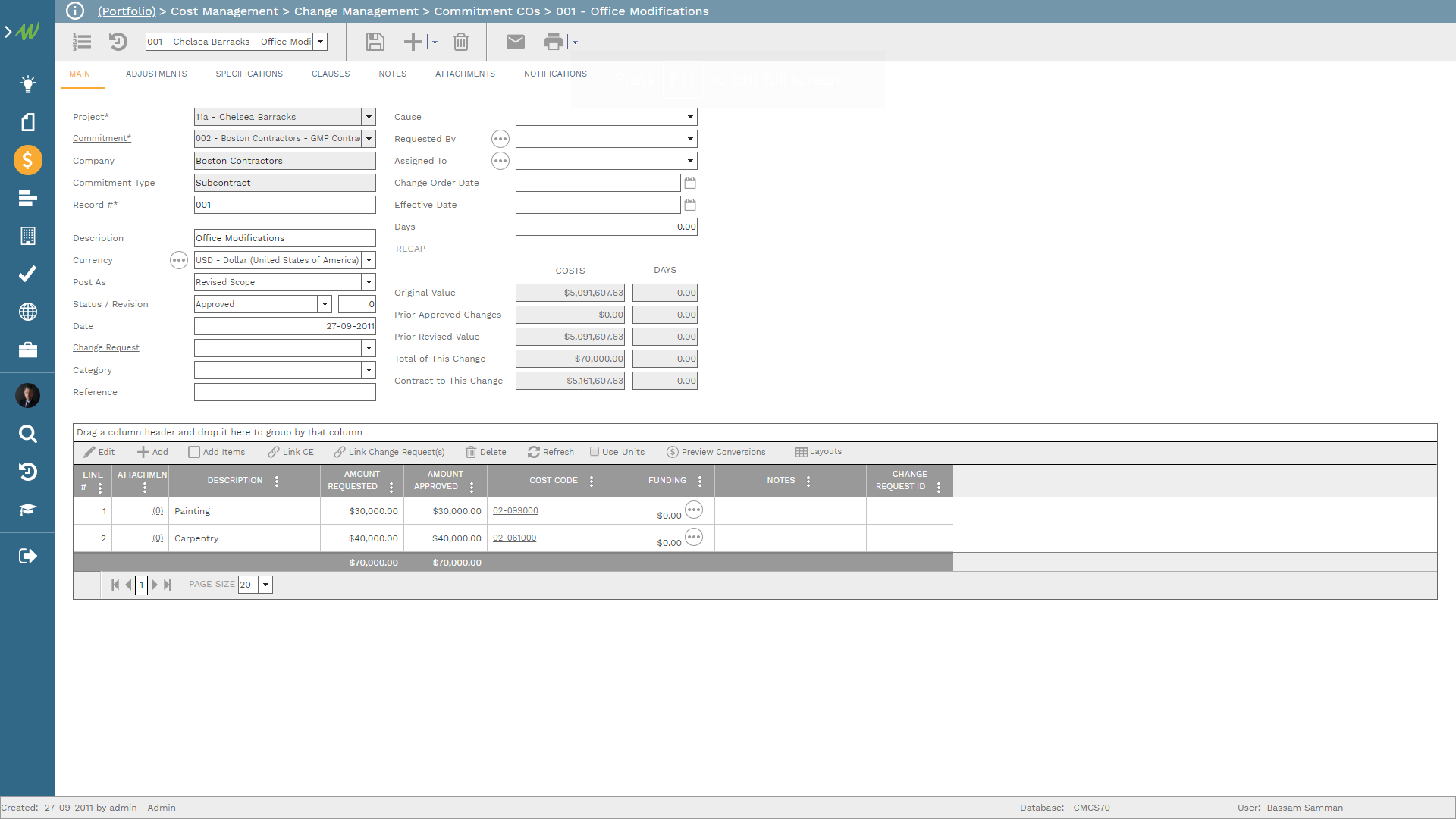 PMWeb 7 Cost Management Change Management Commitment COs 001 Office Modifications
Main