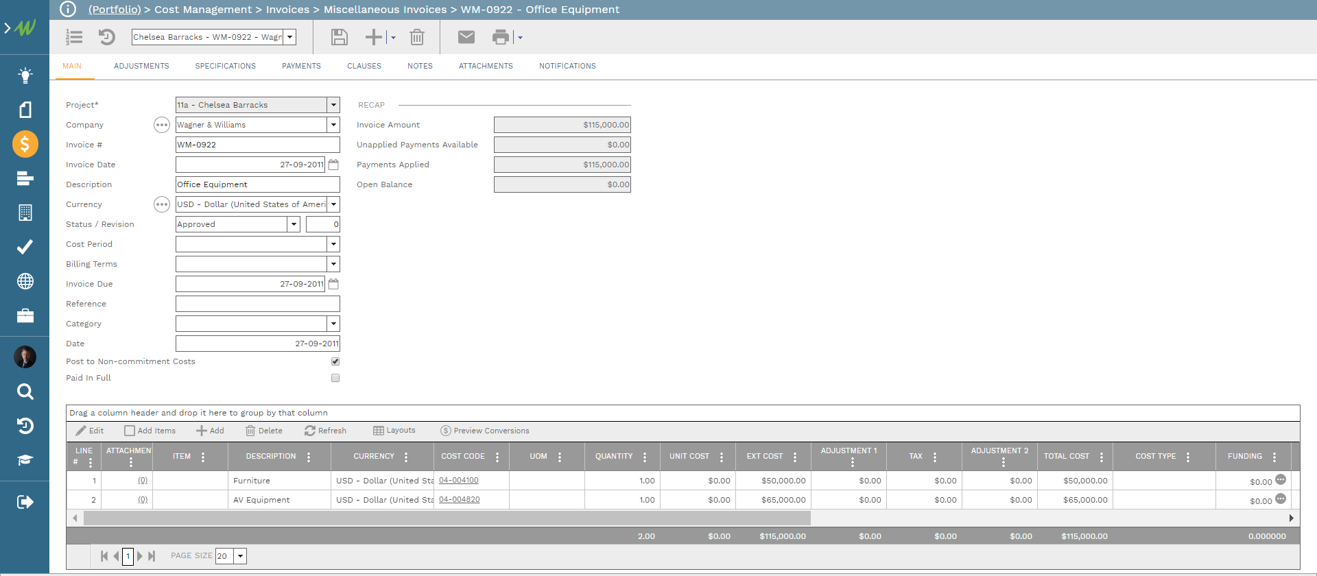 PMWeb 7 Cost Management Invoices Miscellaneous Invoices WM 0922 Office Equipment 
Main