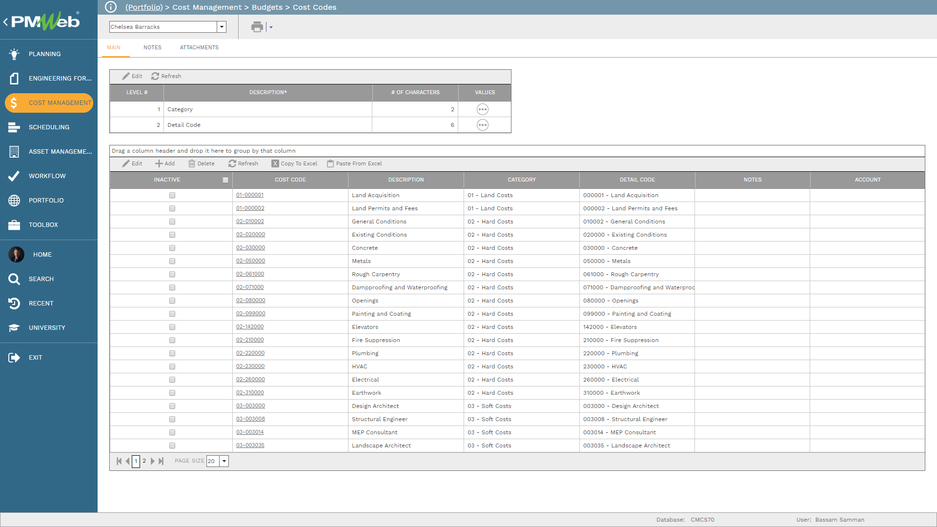 PMWeb 7 Cost Management Budgets Cost Codes 
Main