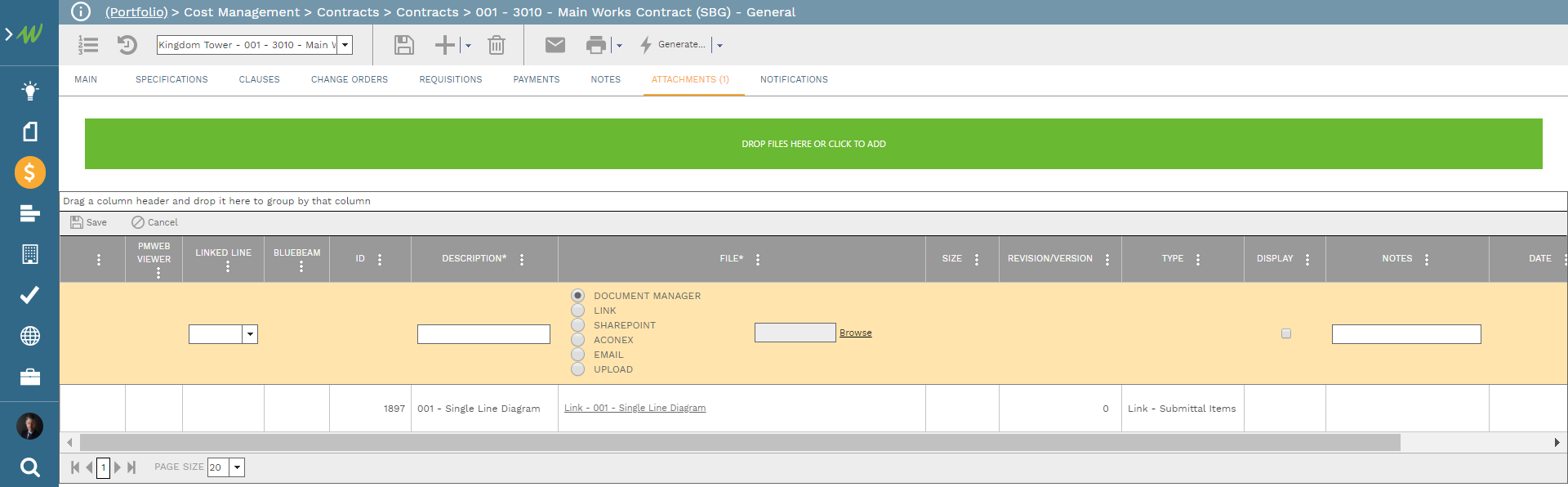 PMWeb 7 Cost Management Contracts 001 3010 Main Works Contract (SBG) - General 
Attachements