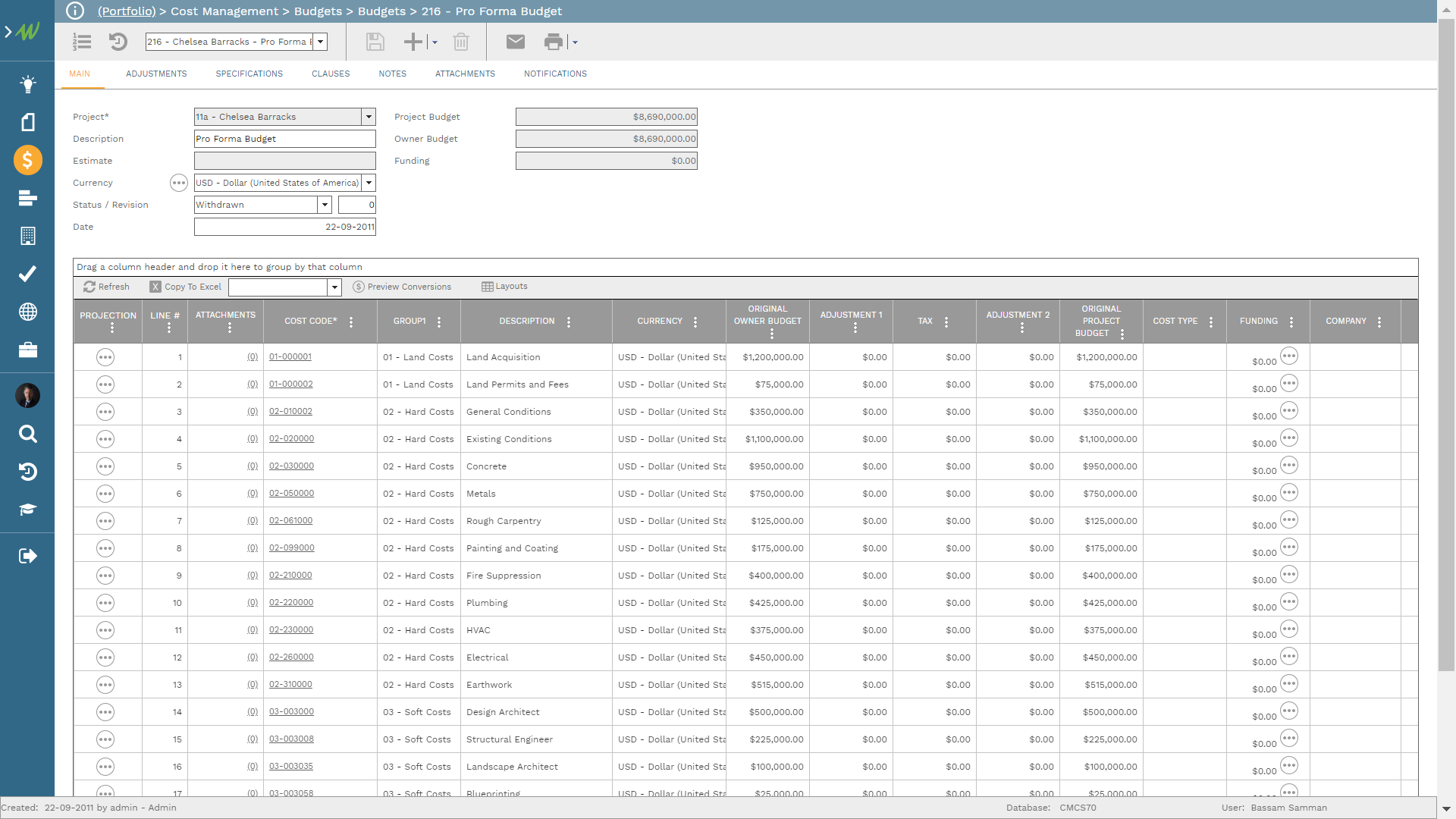 PMWeb 7 Cost Management Budgets 216 Pro Forma Budget
Main