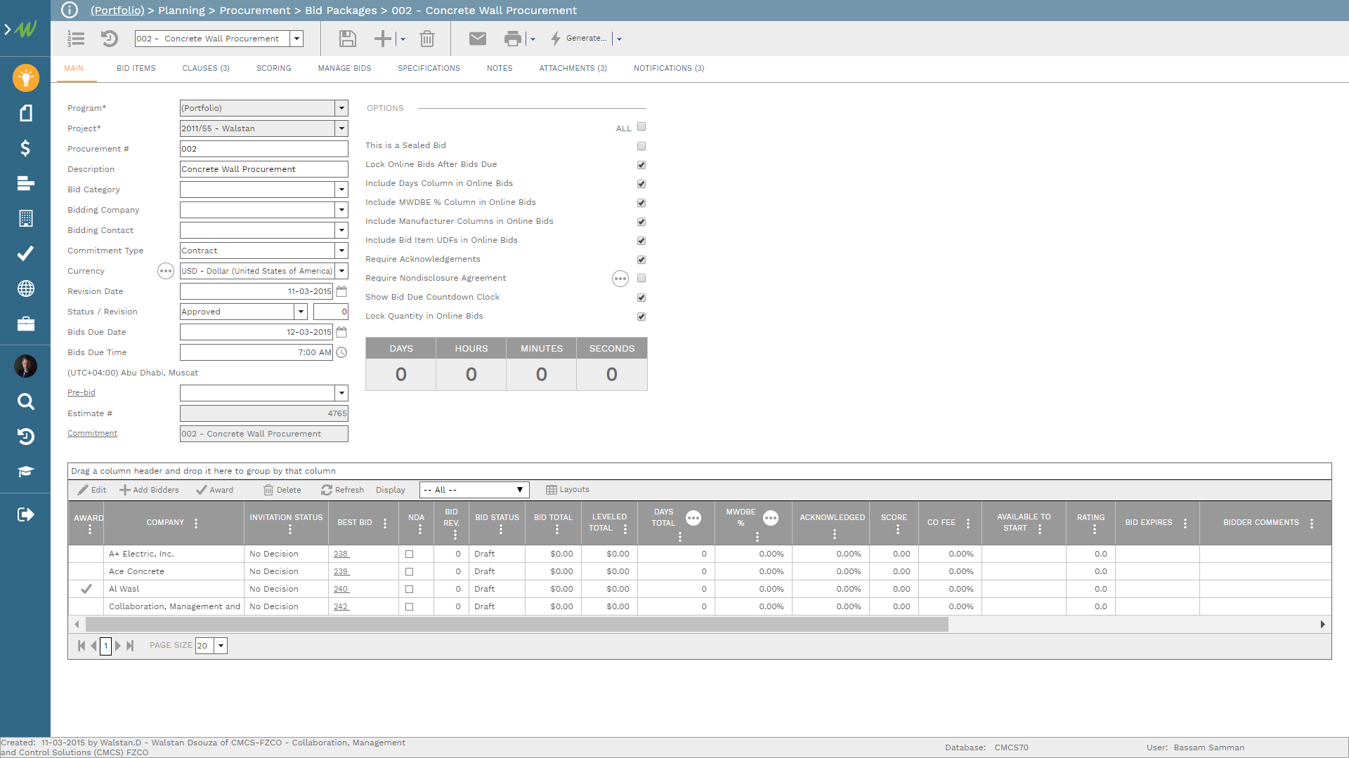 PMWeb 7 Planning Procurement Bid Packages 002 Concrete Wall Procurement 
Main