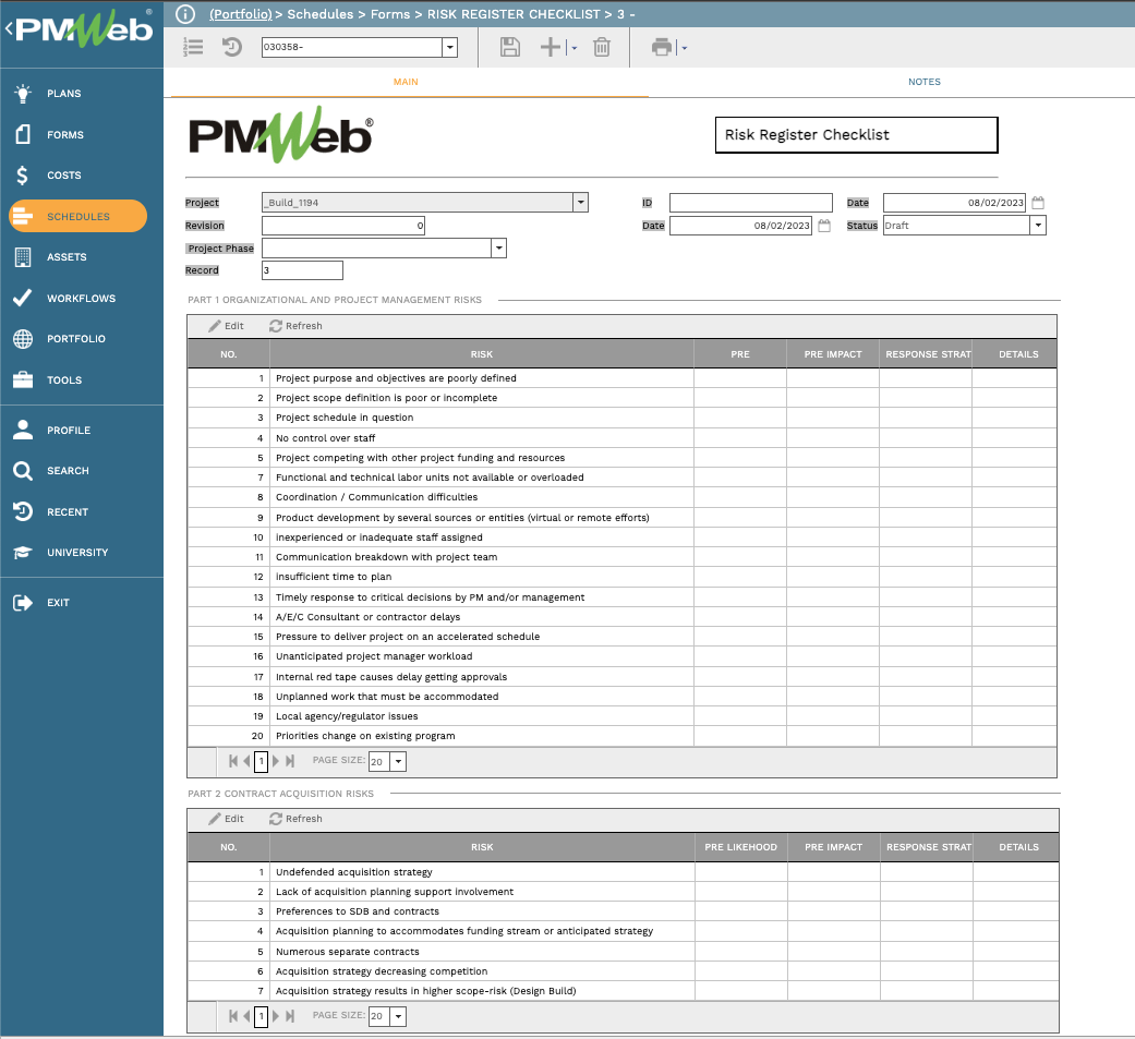 PMWeb 7 Schedules Forms Risk Register Checklist 
Main